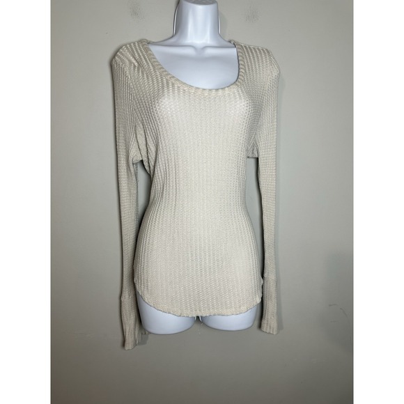 Chaser Sweaters - Chaser Revolve Waffle Knit Thermal Scoop Neck Top with Snap Cuffs Oatmeal Size M